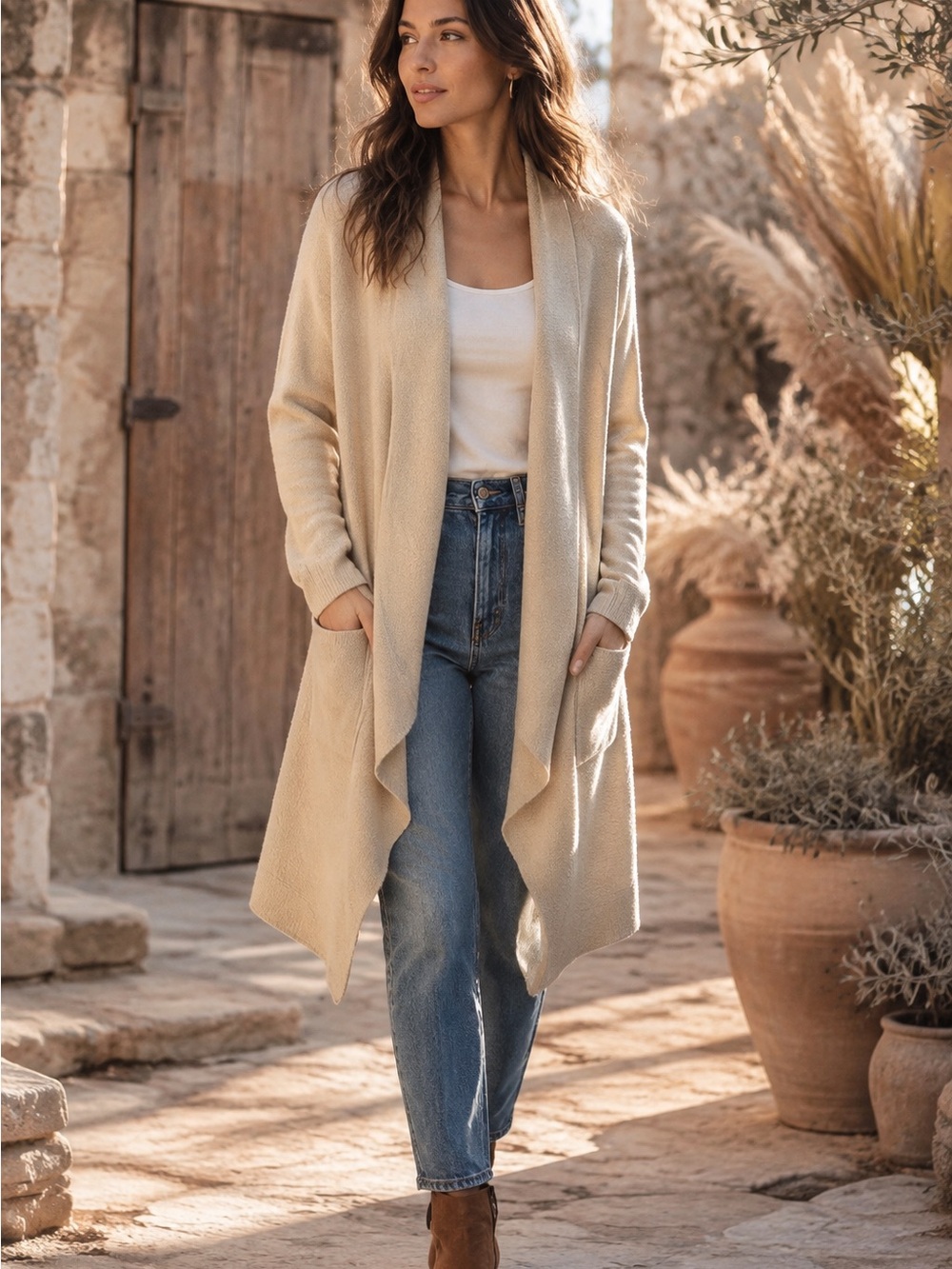 Open-Front Long Cream Draped Knit Cardigan